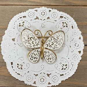 Elegant Gold and White Butterfly Brooch